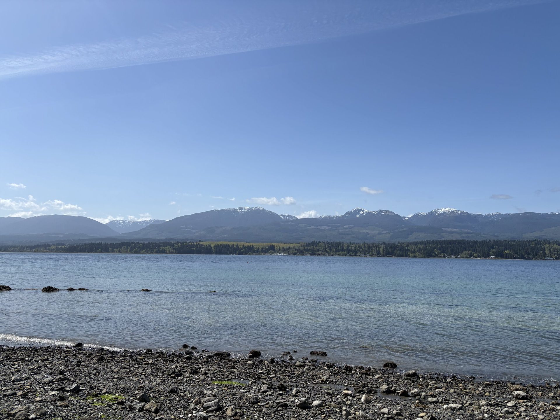 A thousand feet of pebble shoreline on Baynes Sound, looking across to the snow-capped Beaufort Range